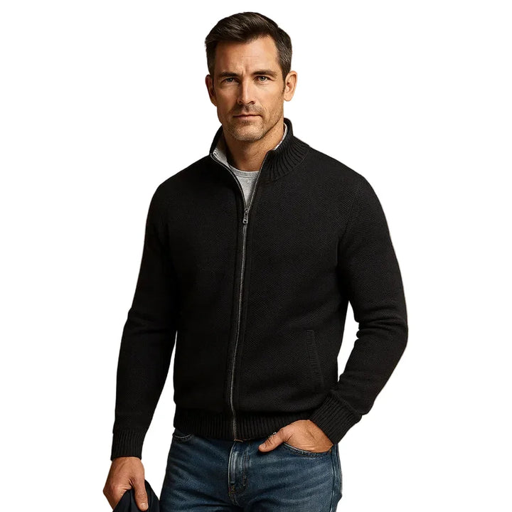 Soft knit men's full-zip cardigan with a stand collar & secure pockets for cozy winter and fall layering.