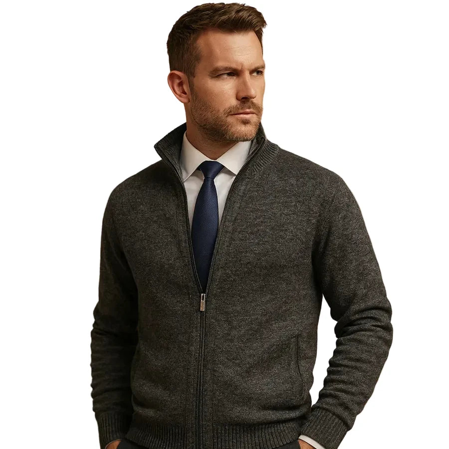 Practical men's full-zip stand collar cardigan featuring secure zip pockets, great for everyday casual wear.