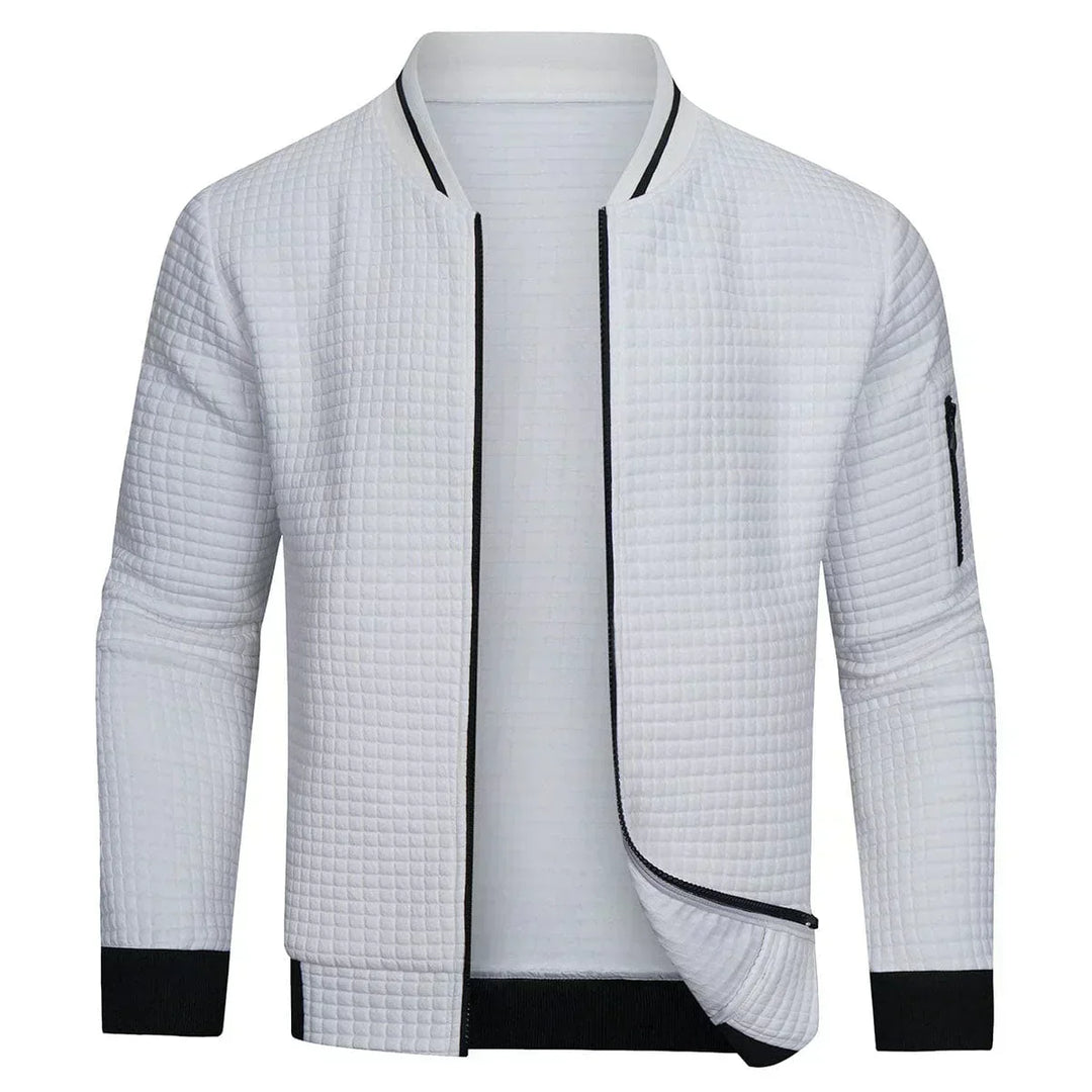 Men's full-zip textured grid cardigan. Comfortable knit outerwear for stylish casual wear.