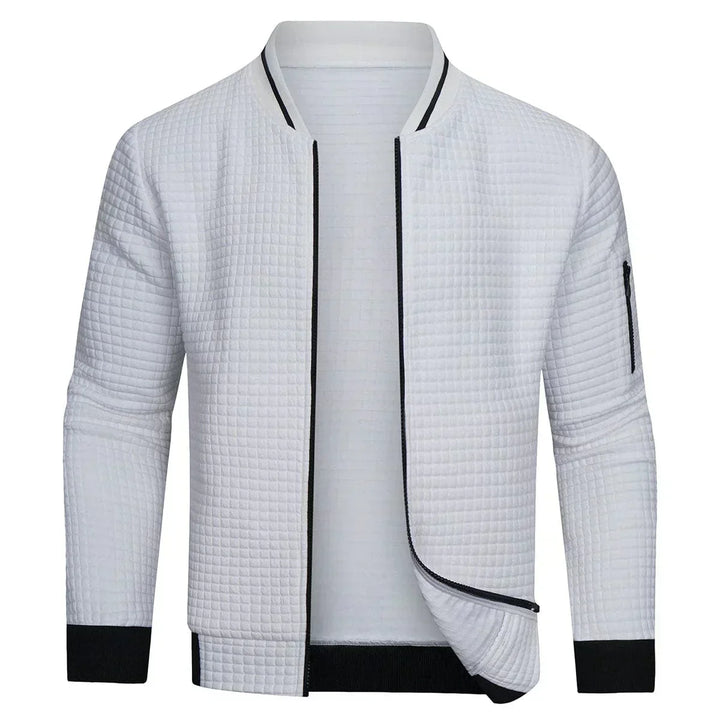 Men's full-zip textured grid cardigan. Comfortable knit outerwear for stylish casual wear.