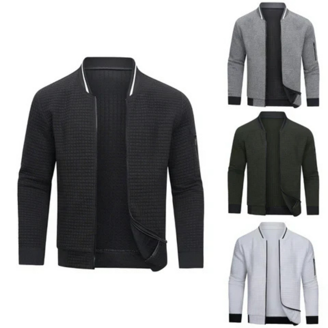 Stylish men's full-zip grid knit cardigan, versatile long-sleeve top for smart casual looks.