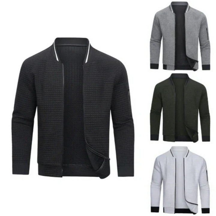 Stylish men's full-zip grid knit cardigan, versatile long-sleeve top for smart casual looks.