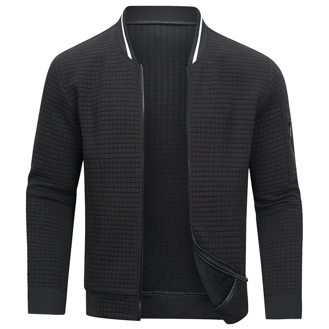 Versatile men's knit full-zip cardigan, perfect casual outerwear with a comfortable textured grid.