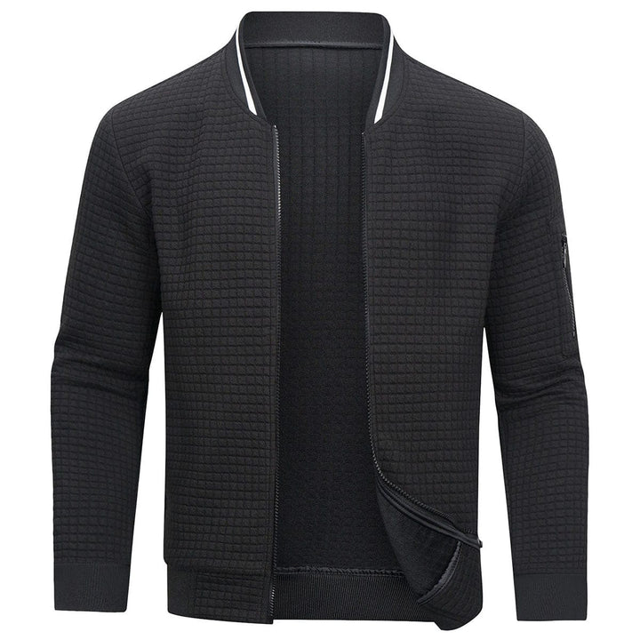 Versatile men's knit full-zip cardigan, perfect casual outerwear with a comfortable textured grid.