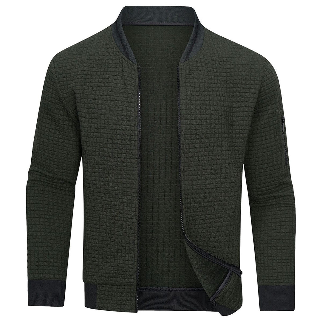 Front view of a men's full-zip textured grid cardigan, a comfortable and stylish knitwear option.