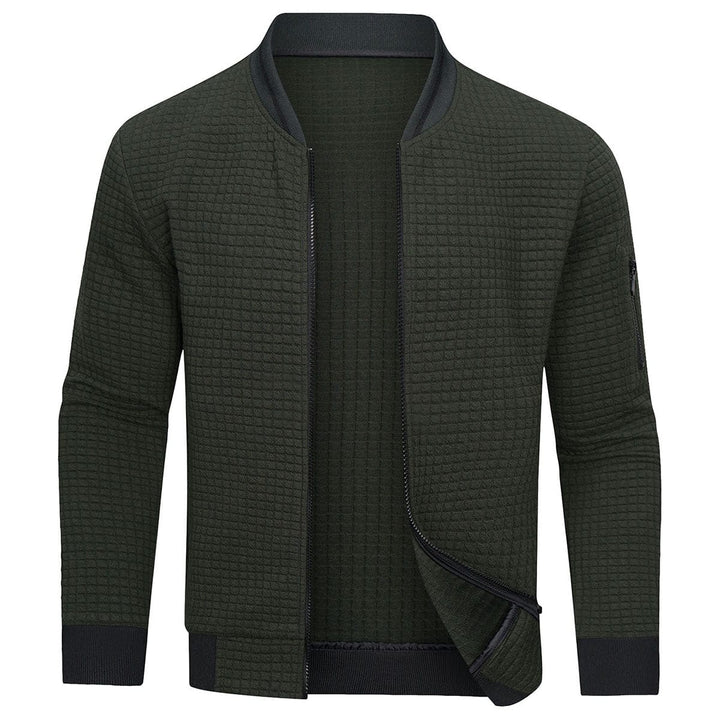 Front view of a men's full-zip textured grid cardigan, a comfortable and stylish knitwear option.