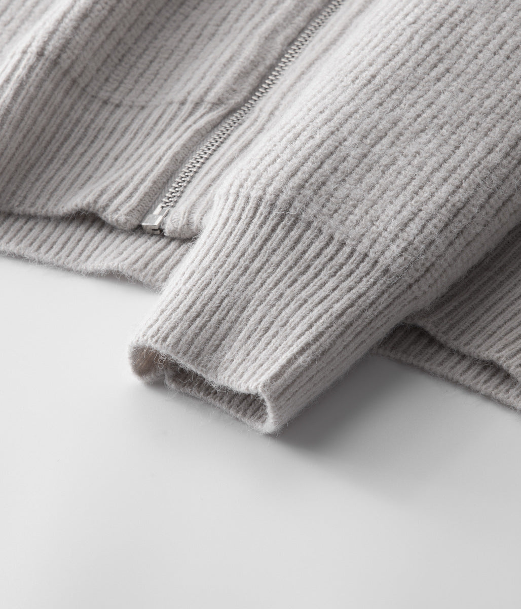 Side profile of a men's funnel neck zip-up sweater, demonstrating fit for casual & smart layering.