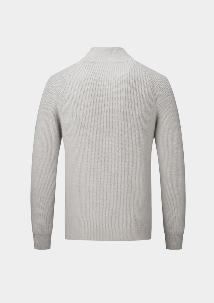 Stylish men's zip-up funnel neck sweater. Perfect all-season layering piece for casual & smart casual looks.