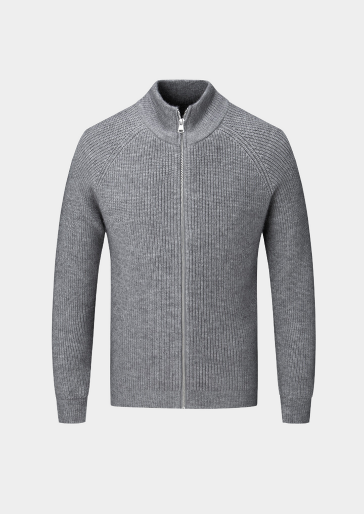Close-up of men's funnel neck zip-up sweater, showcasing texture and full zip detail. Versatile knit.