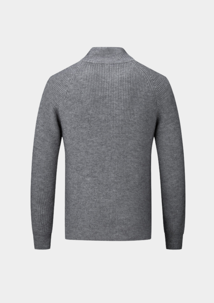 Man wearing a casual men's funnel neck zip-up sweater, ideal for everyday comfort and layering.