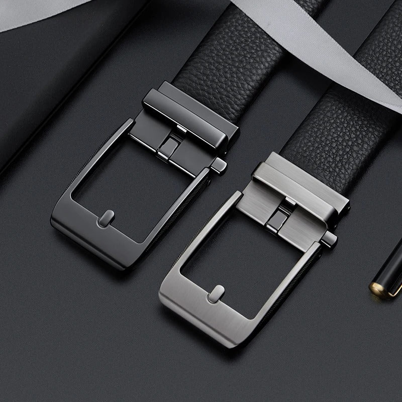 Close-up: Men's genuine cowhide leather belt showing rich texture and gleaming polished buckle. Quality men's accessory.