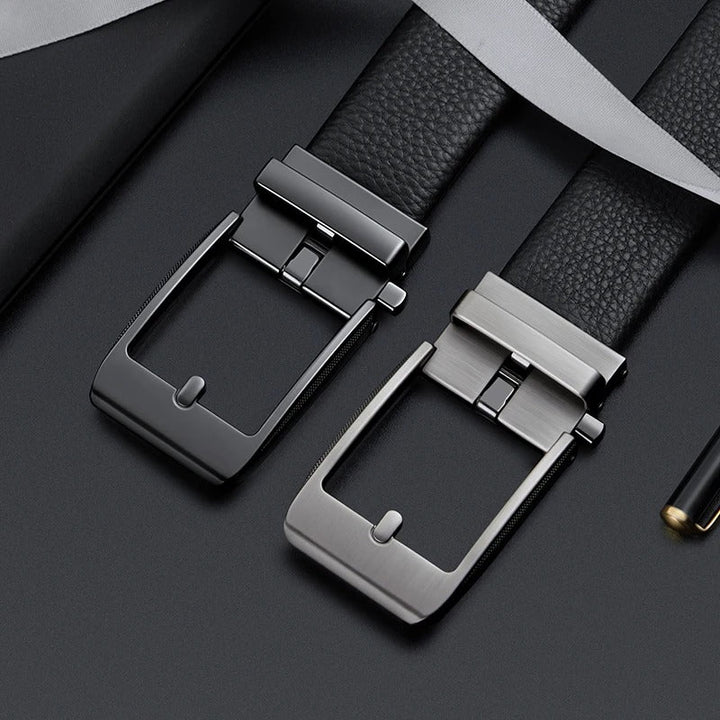 Close-up: Men's genuine cowhide leather belt showing rich texture and gleaming polished buckle. Quality men's accessory.