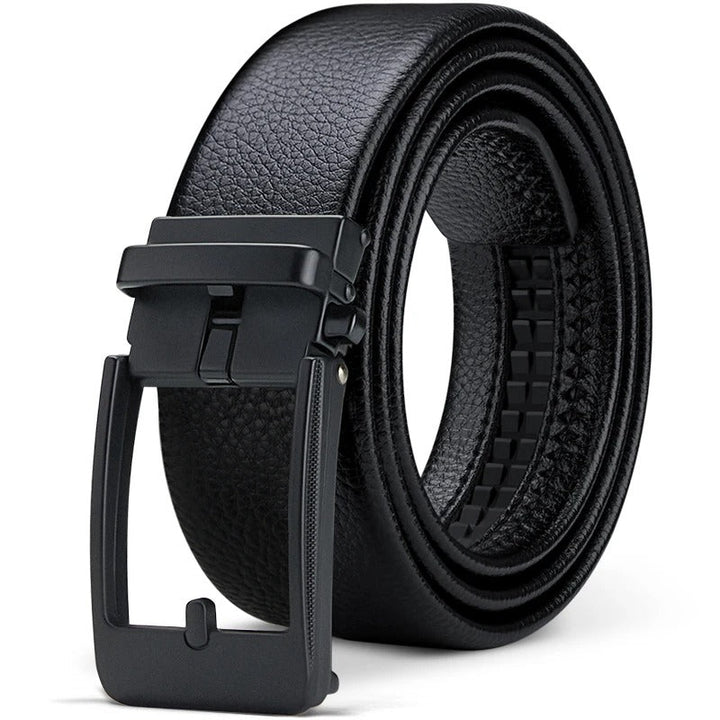 Classic men's genuine leather cowhide belt. Adjustable with a polished buckle. Essential, versatile men's fashion accessory.
