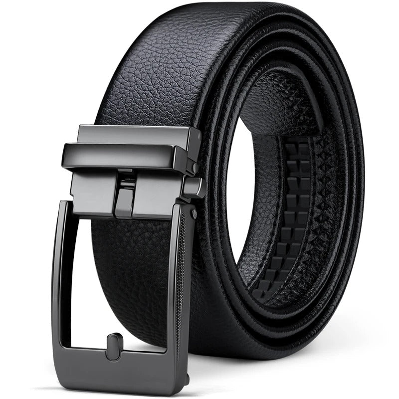 Adjustable men's genuine cowhide leather belt with a sleek, polished buckle. Offers comfort, durability & timeless style.
