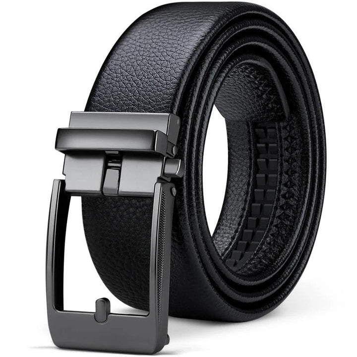 Adjustable men's genuine cowhide leather belt with a sleek, polished buckle. Offers comfort, durability & timeless style.