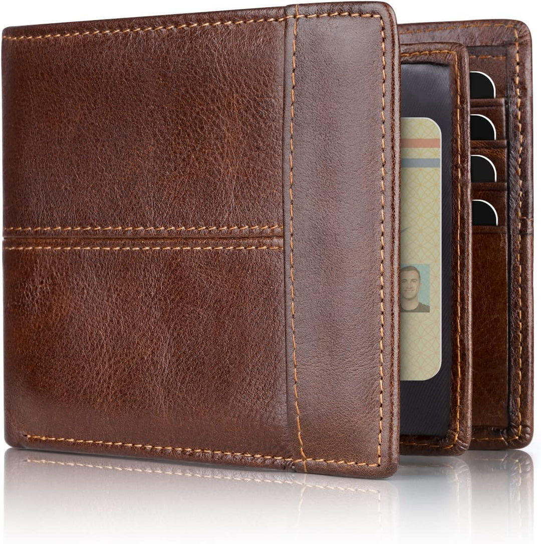 Men's genuine leather bifold wallet with RFID blocking technology, a secure accessory for cards and cash.