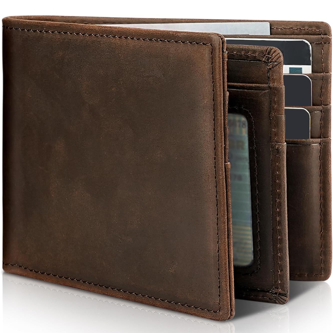 Men's genuine leather bifold wallet with RFID blocking, a secure and slim card holder.