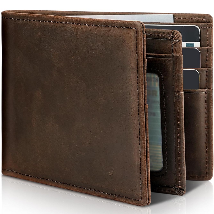 Men's genuine leather bifold wallet with RFID blocking, a secure and slim card holder.