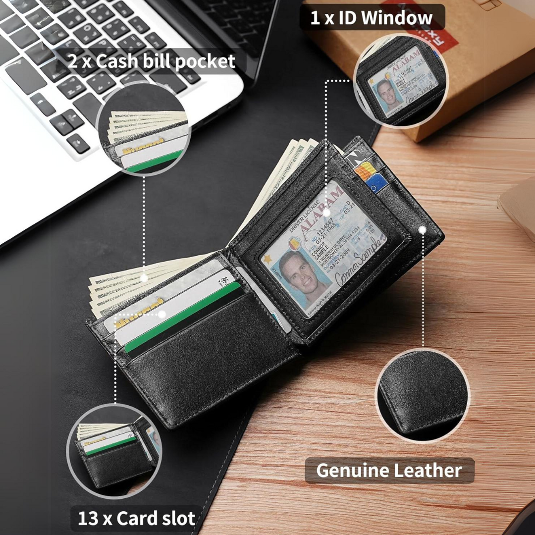 Everyday men's genuine leather bifold wallet, secure RFID blocking, perfect for all essentials.