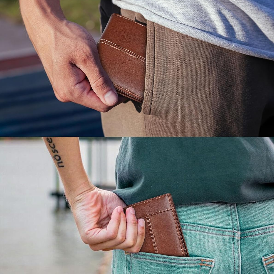 Robust genuine leather bifold wallet for men, designed with secure RFID blocking, a reliable card holder.
