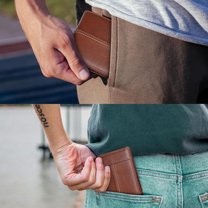 Robust genuine leather bifold wallet for men, designed with secure RFID blocking, a reliable card holder.