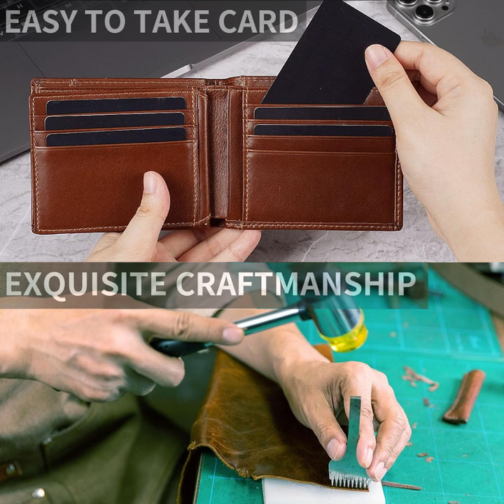 Modern men's genuine leather bifold wallet, offering secure RFID blocking for all your essential cards.