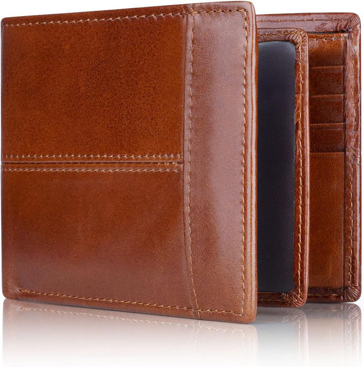 High-quality genuine leather bifold wallet for men, featuring RFID blocking to protect your cards securely.