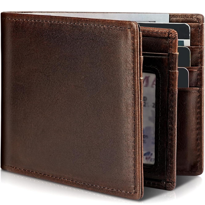 Premium genuine leather men's bifold wallet, featuring advanced RFID blocking technology for security.