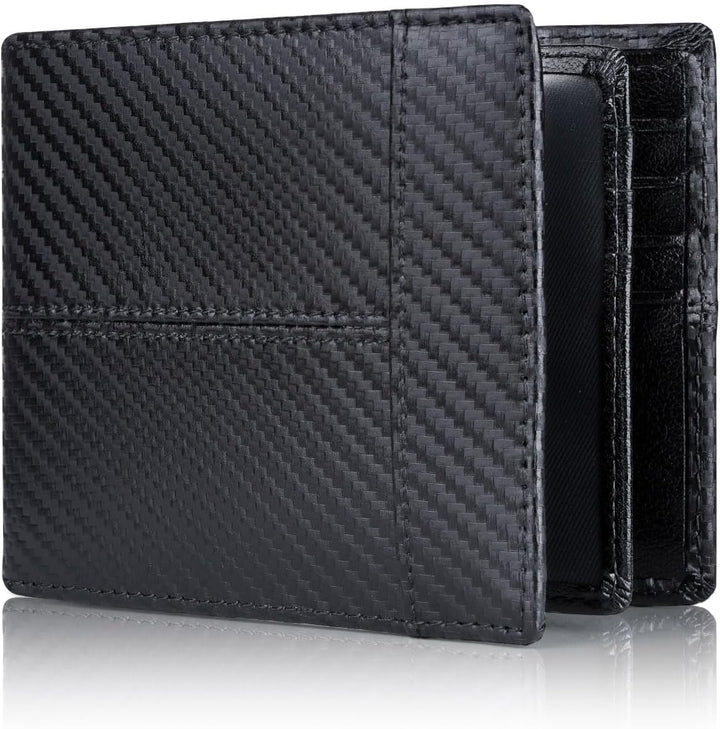 Slim profile men's leather bifold wallet, genuine material, with essential RFID blocking for card security.