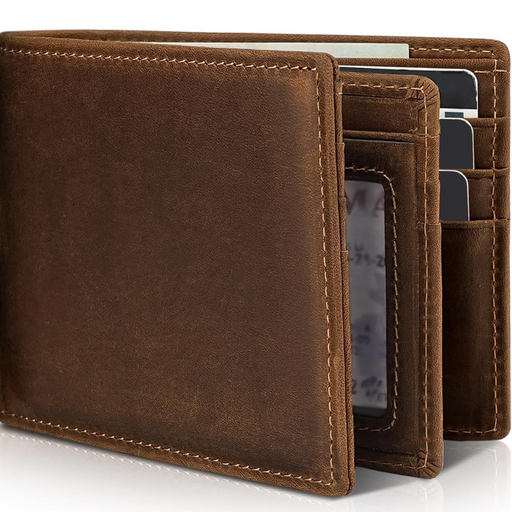 Stylish men's genuine leather bifold wallet with essential RFID blocking protection for cards.