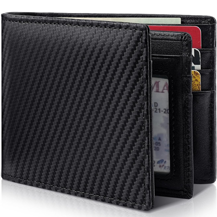 Dark brown genuine leather men's wallet, slim bifold design with integrated RFID security features.