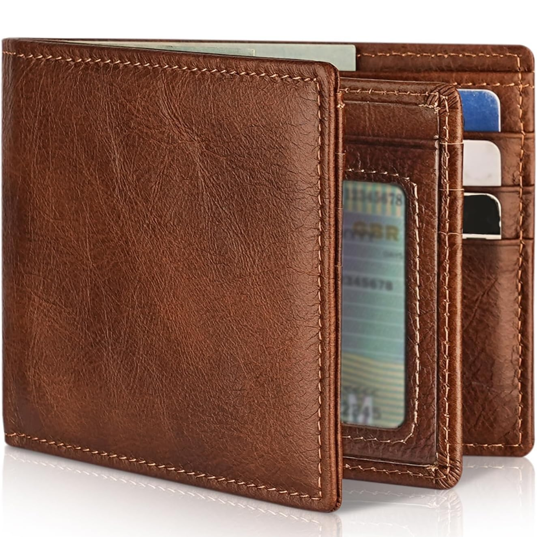 Secure men's leather bifold wallet with RFID blocking, multiple card slots, and cash pocket.