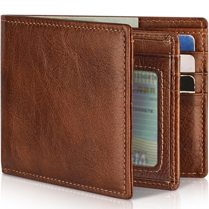 Secure men's leather bifold wallet with RFID blocking, multiple card slots, and cash pocket.