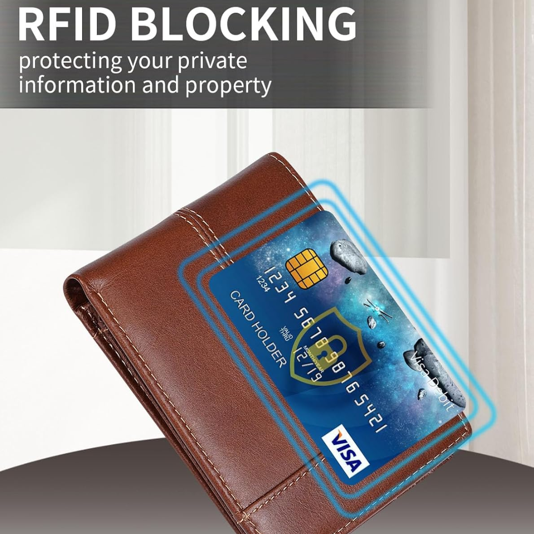 Stylish genuine leather bifold wallet for men, offering secure RFID blocking and a sleek card holder design.