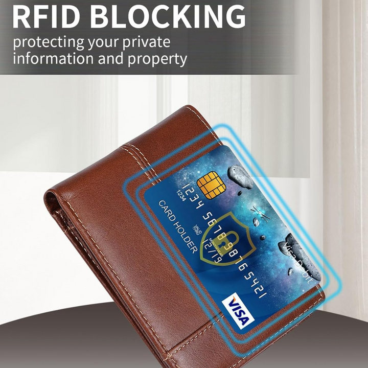 Stylish genuine leather bifold wallet for men, offering secure RFID blocking and a sleek card holder design.