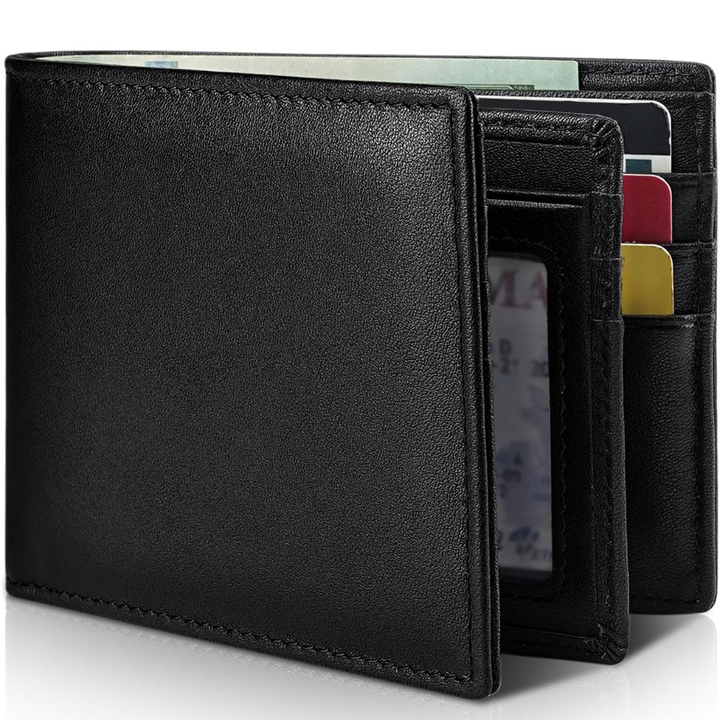Classic genuine leather men's bifold wallet, ultra-slim for front pocket carry, RFID protected.