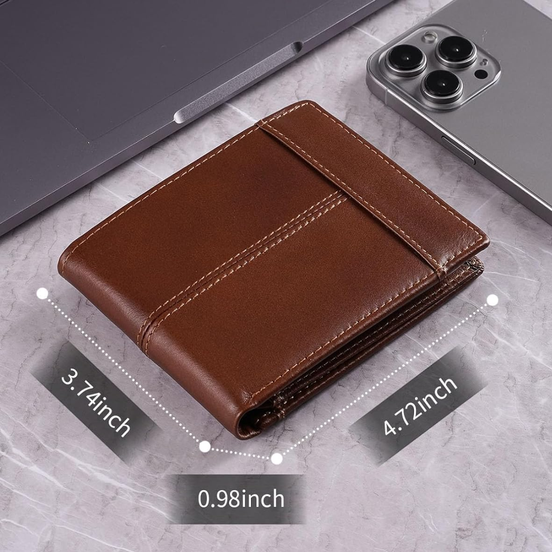 Practical men's accessory: genuine leather bifold wallet with multiple card slots and RFID blocking.