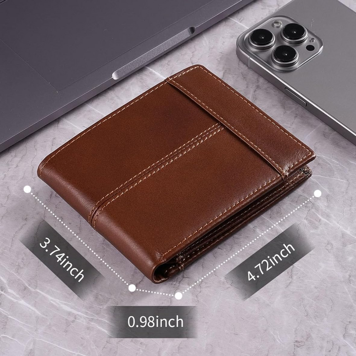 Practical men's accessory: genuine leather bifold wallet with multiple card slots and RFID blocking.