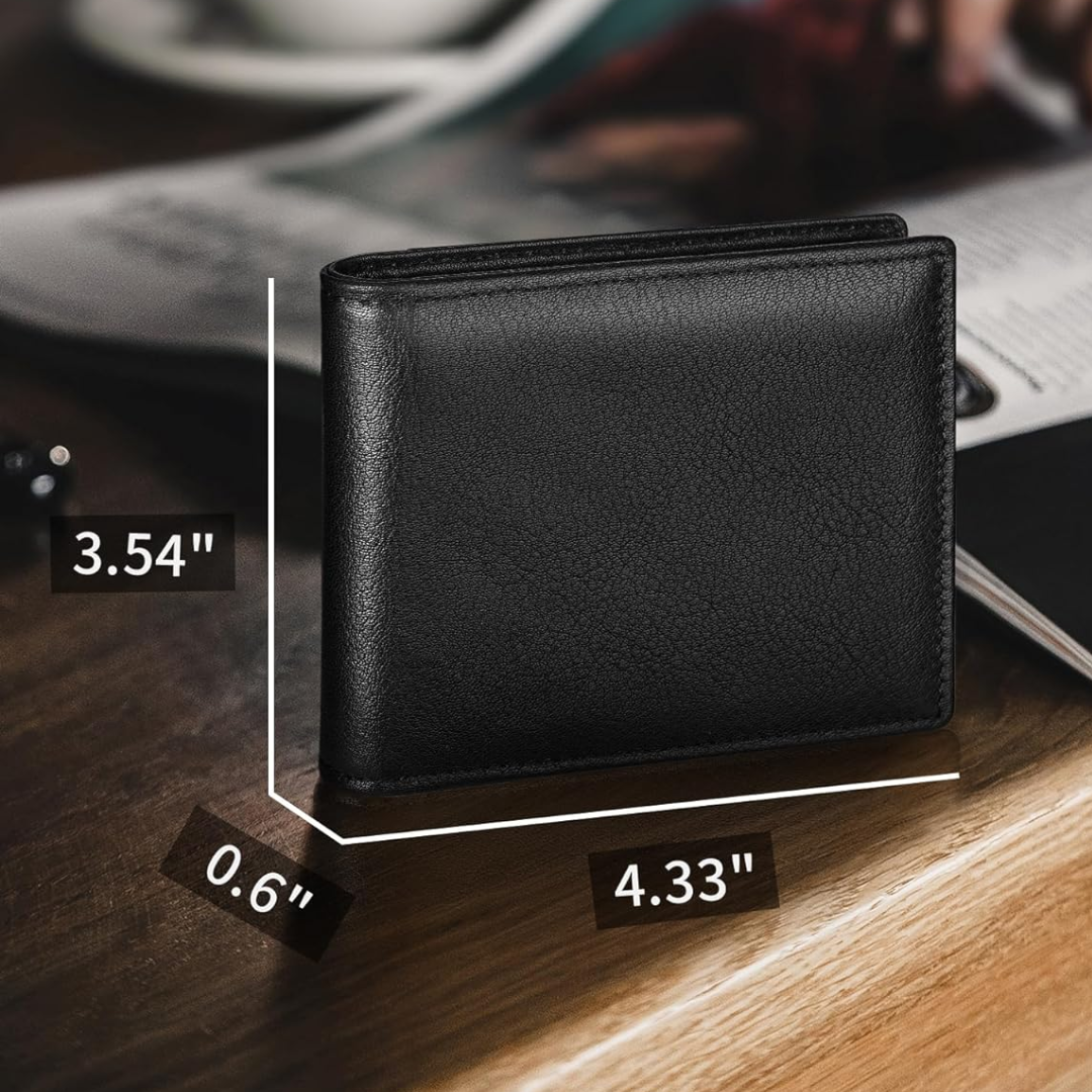 RFID secure men's bifold wallet, crafted from genuine leather, ideal for carrying cards and cash.