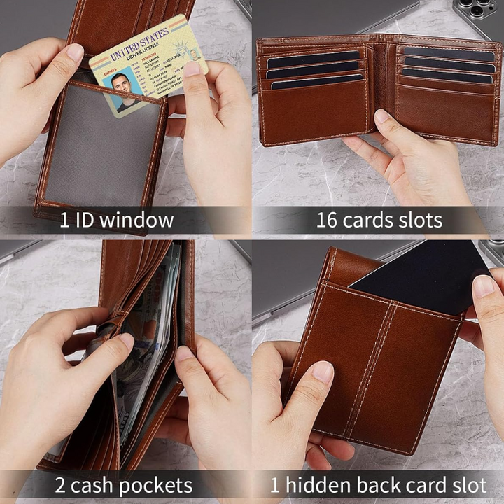 Elegant genuine leather bifold wallet for men, providing RFID blocking for peace of mind, a great gift idea.