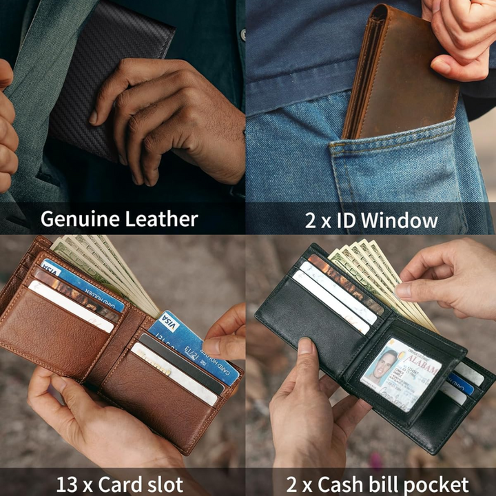 Durable genuine leather men's bifold wallet, ensures data protection with integrated RFID blocking.