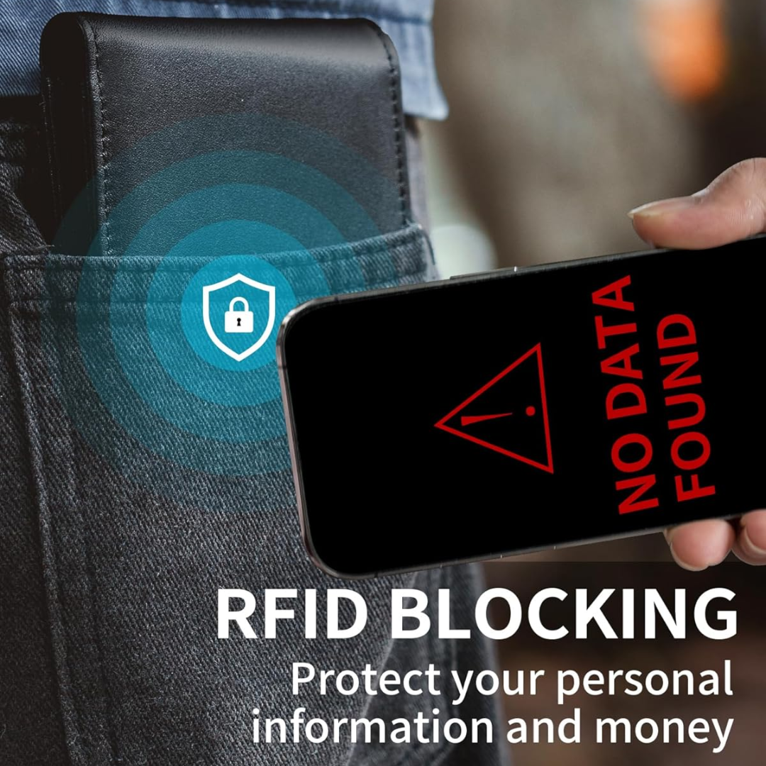 Sleek men's bifold card holder in genuine leather, offering comprehensive RFID blocking functionality.