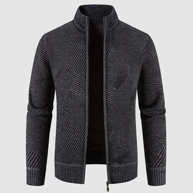 Men's geometric pattern zip cardigan with mock neck. Stylish & comfortable smart casual outerwear for autumn winter.