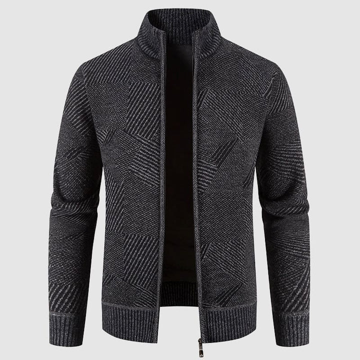 Men's geometric pattern zip cardigan with mock neck. Stylish & comfortable smart casual outerwear for autumn winter.
