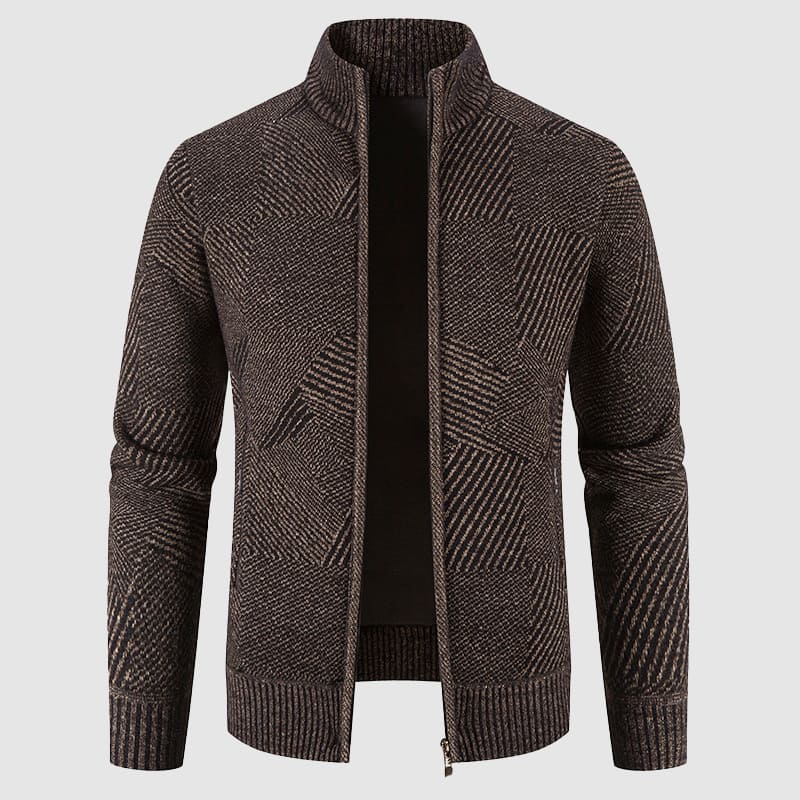 Versatile men's zip-up mock neck cardigan with a unique geometric pattern. Perfect for smart casual layered looks.