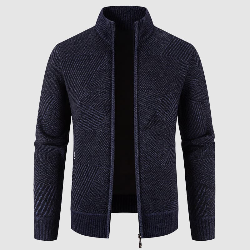 Stylish men's geometric pattern zip cardigan, mock neck design. Ideal for a comfortable & fashionable autumn winter look.