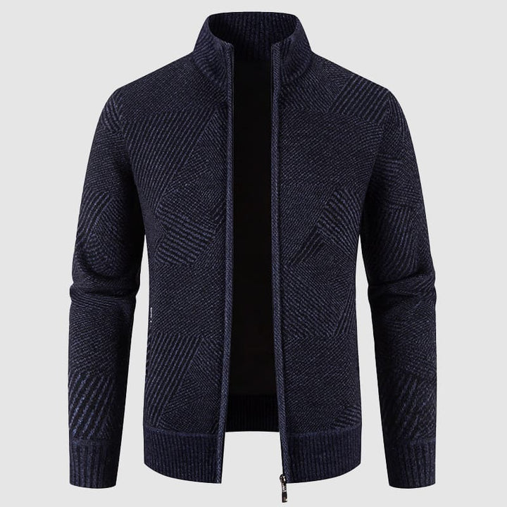 Stylish men's geometric pattern zip cardigan, mock neck design. Ideal for a comfortable & fashionable autumn winter look.