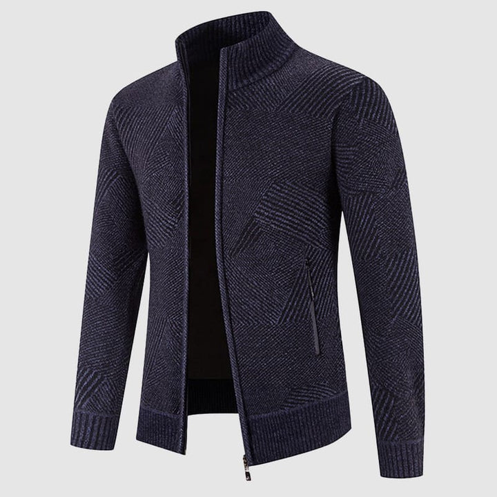 Men's knit cardigan featuring a distinctive geometric pattern, full zip, and mock neck. Smart casual men's fashion.