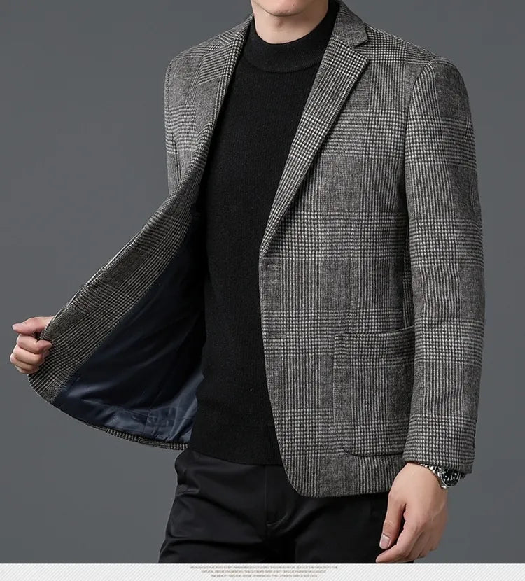 Men's Glen Check blazer, two-button tailored jacket for smart casual, business, or formal wear. Classic men's fashion.
