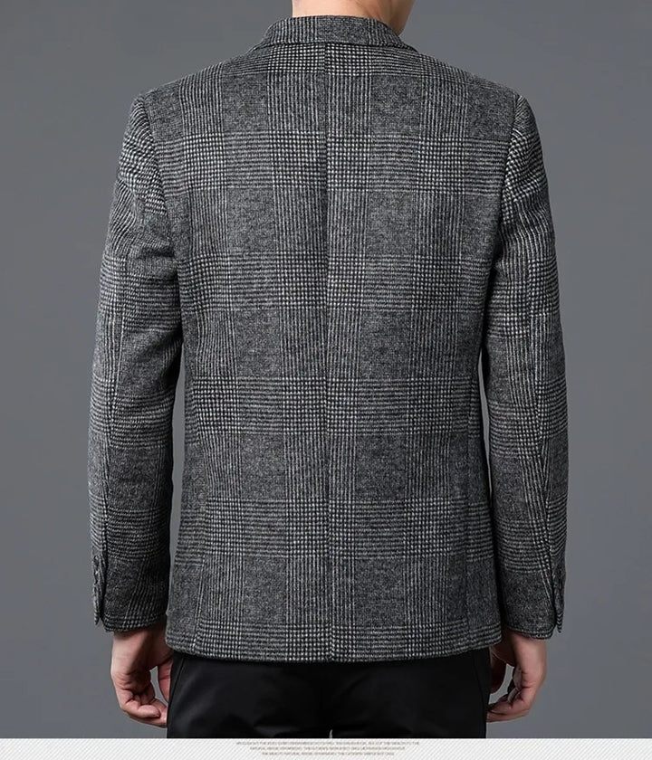 Professional men's Glen Check two-button blazer. Tailored jacket, perfect for business casual and classic formal wear.